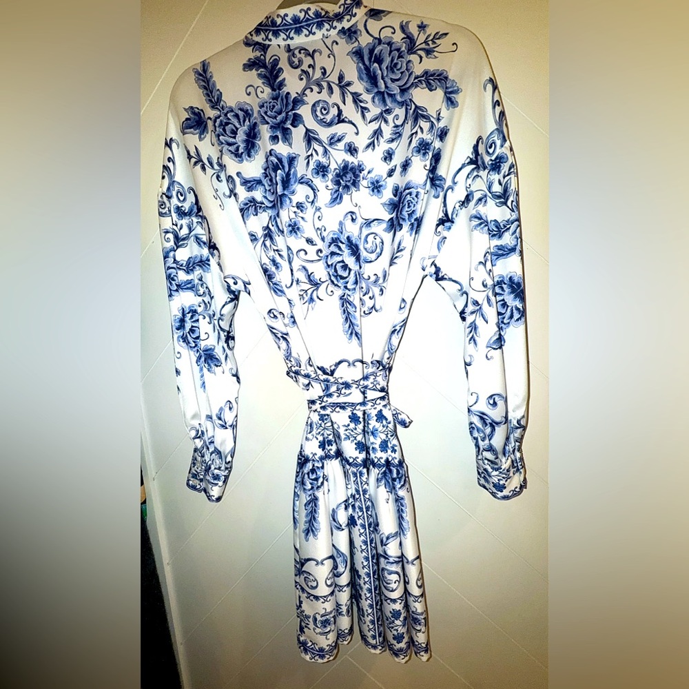 Alex Marie Wren Flor Blue Chinoiserie Scroll Mini Dress tie belt size 8 medium - Picture 6 of 12